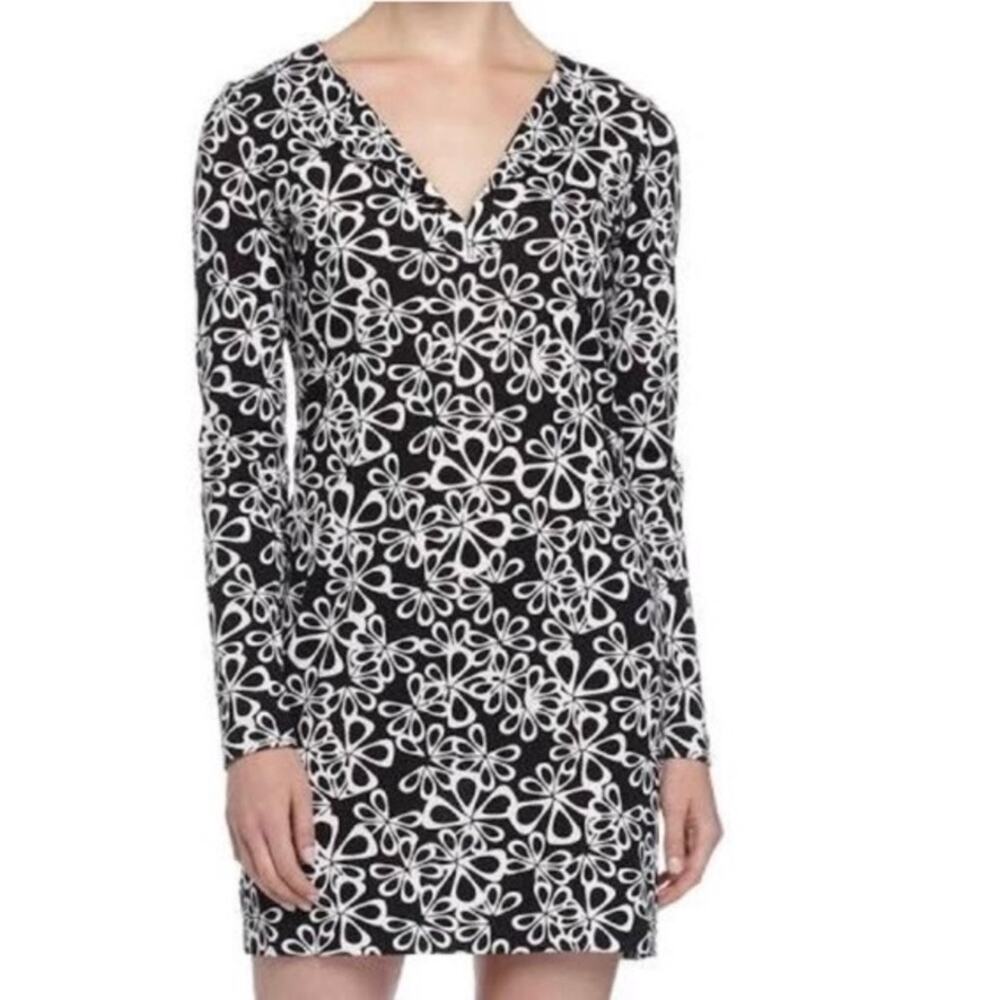 Diane von Furstenberg Reina Long Sleeve Dress Halo Petals Black White Floral 6